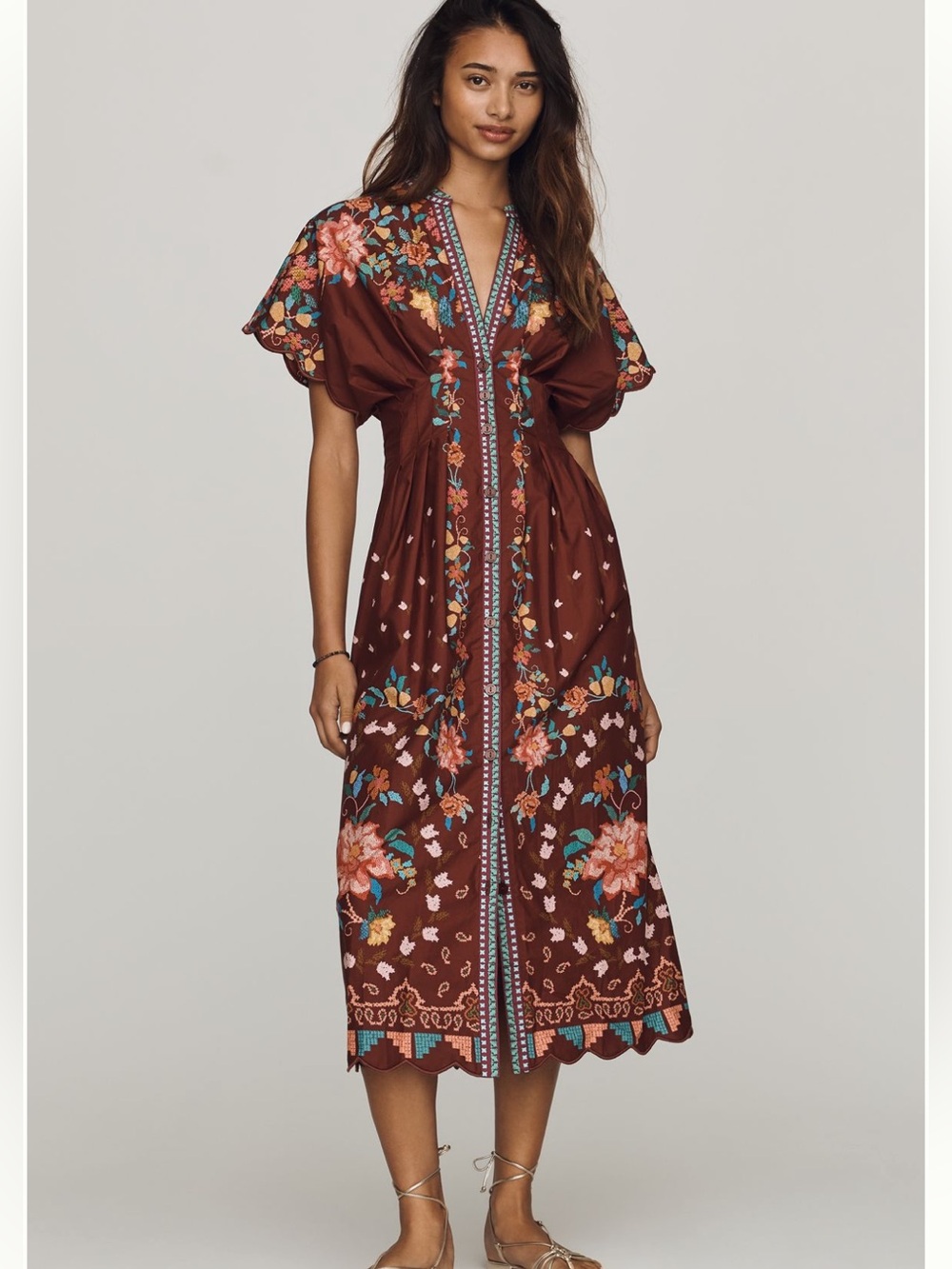 FARM Rio Maroon Ground Floral Midi Dress